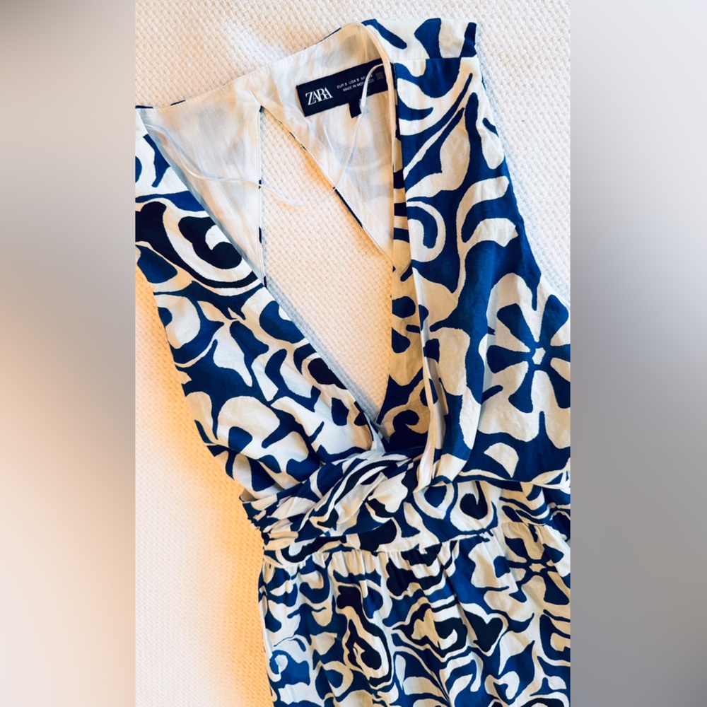 ZARA Blue & Black Floral Midi Maxi Dress w Cut-out Open Back - Picture 5 of 16